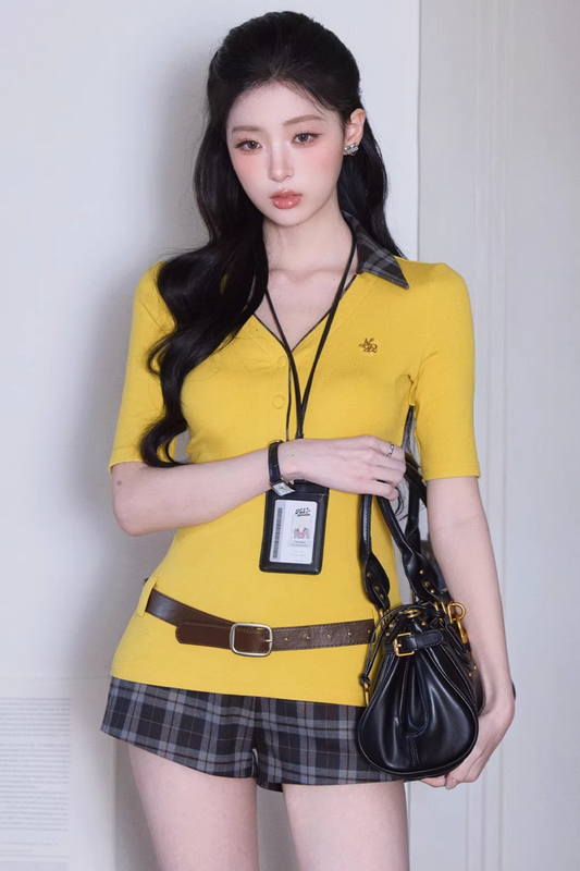 Retro Plaid Polo Skirt Set-Up