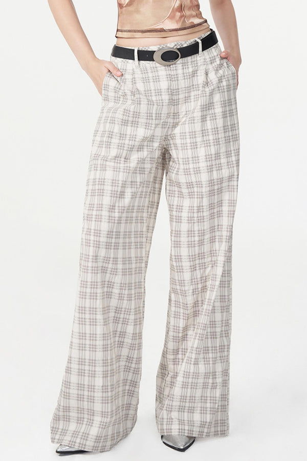 Chic White Plaid Casual Trousers