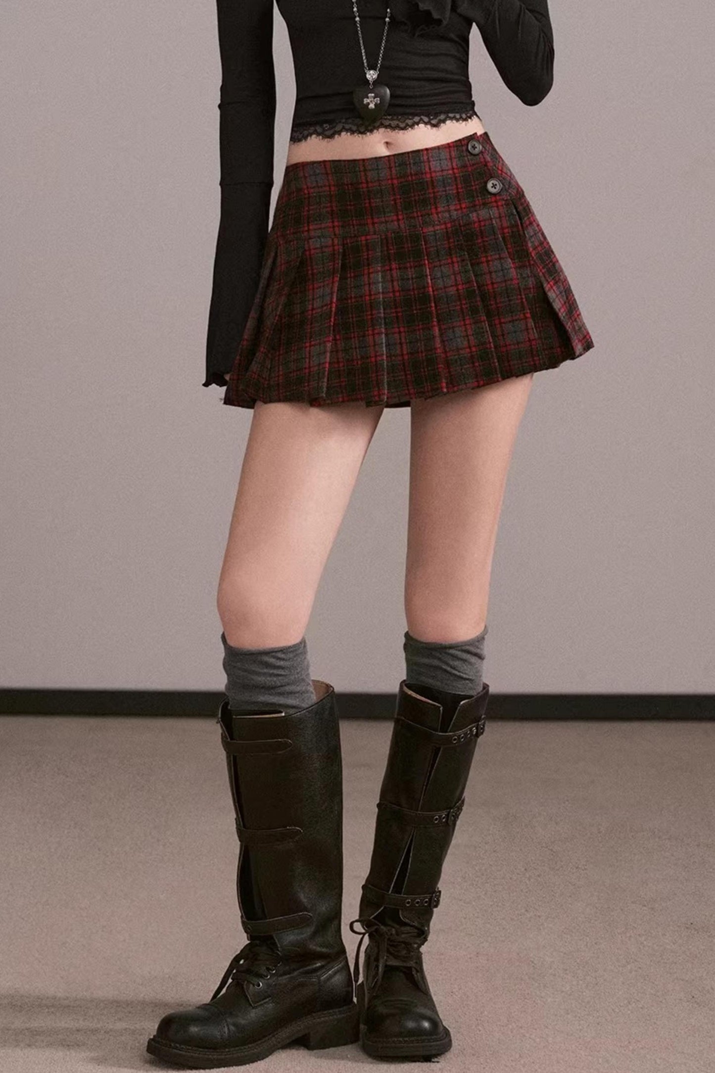 Plaid Wool Pleated Skirt