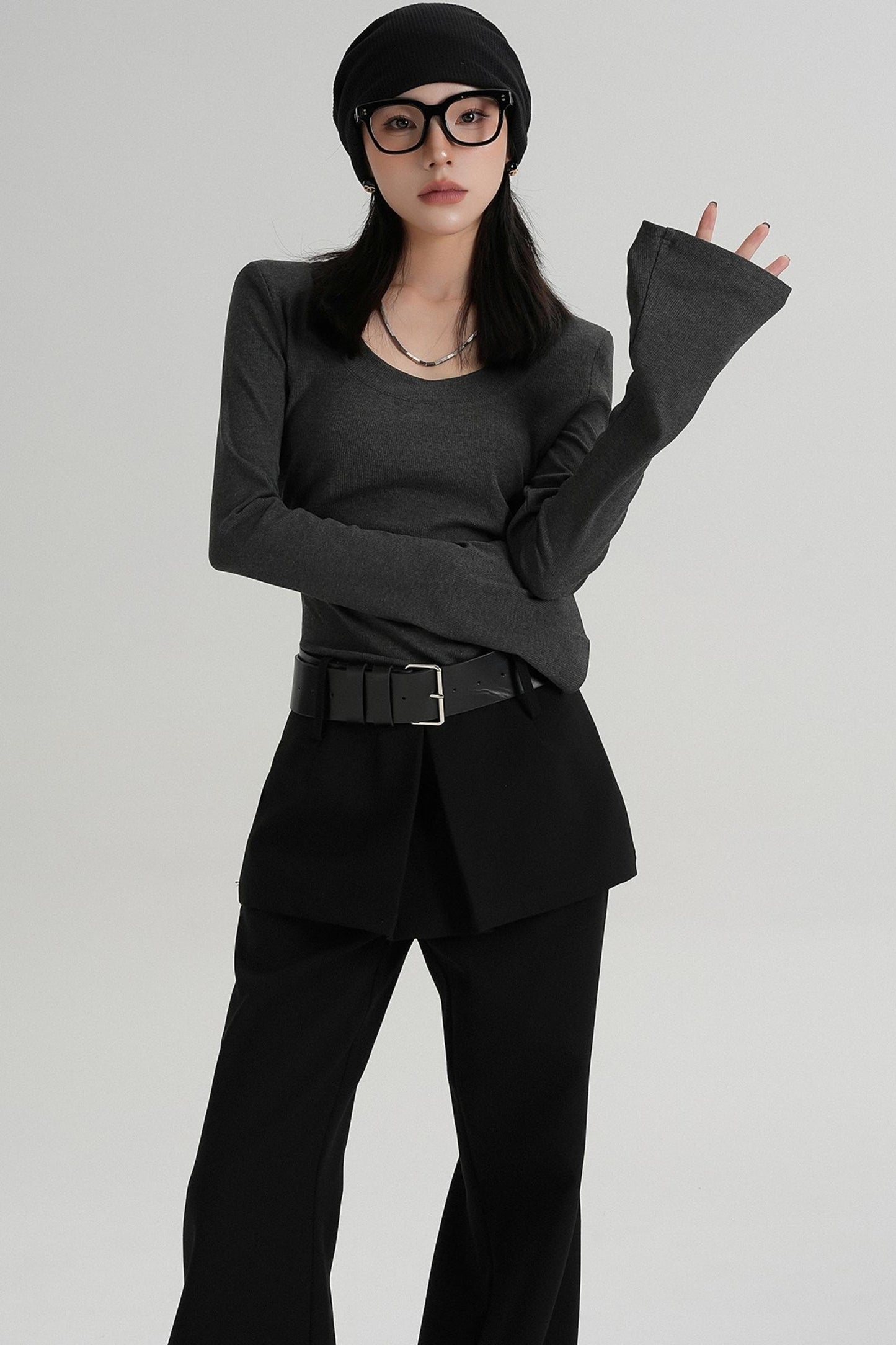 T-shirt amincissant à manches longues à taille ras du cou