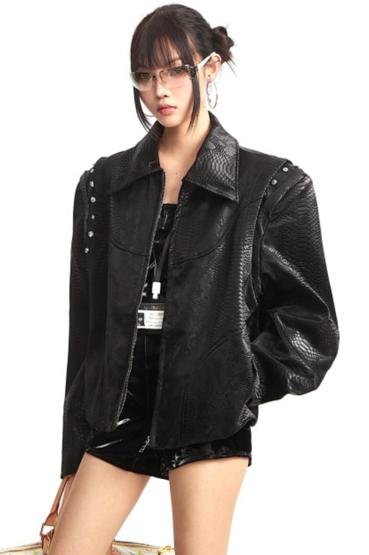 Retro Shoulder-Padded Leather Jacket