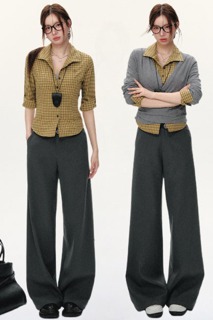 Slim Fit Mid-Sleeve Checked Top Set-Up