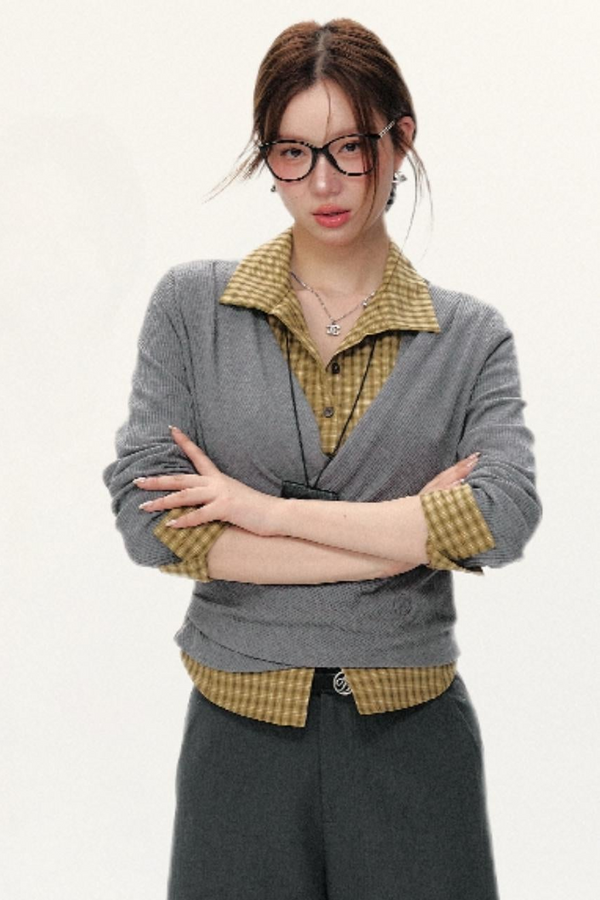 Slim Fit Mid-Sleeve Checked Top Set-Up