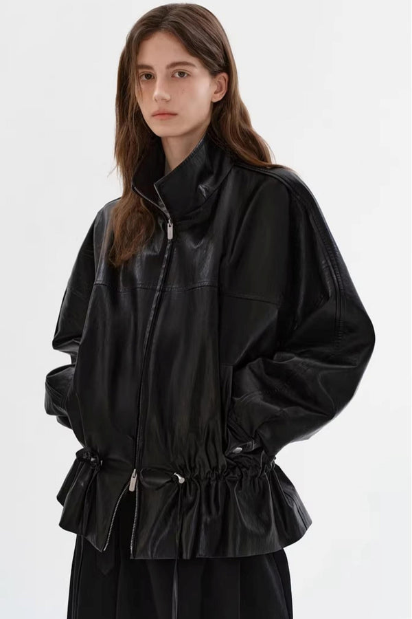 Black Leather Drawstring Jacket