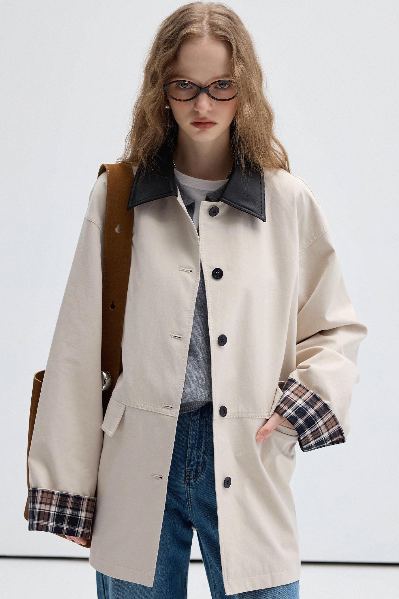 Check Contrast PU Leather Trench Coat