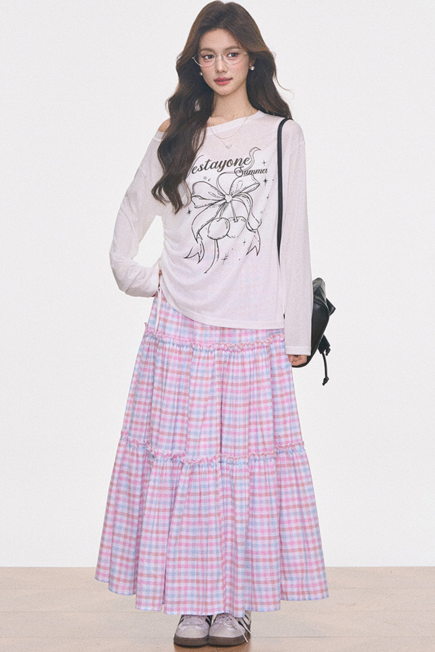 Printed Sheer Blouse and Plaid Skirt Set-Up