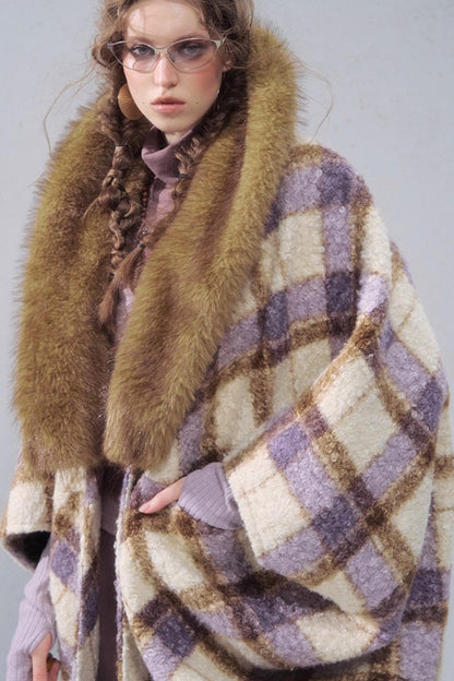 Plaid Fur Collar Woolen Coat