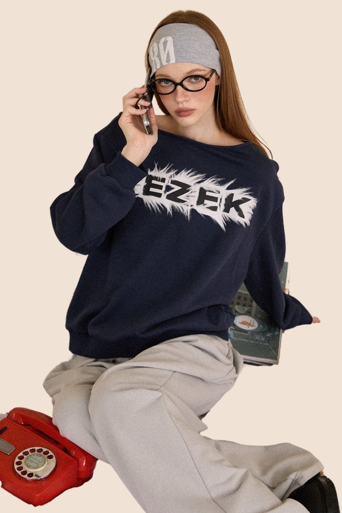 Retro Navy Slanted Shoulder Sweatshirt