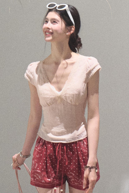 Fuzzy Lace V-Neck Tie Top