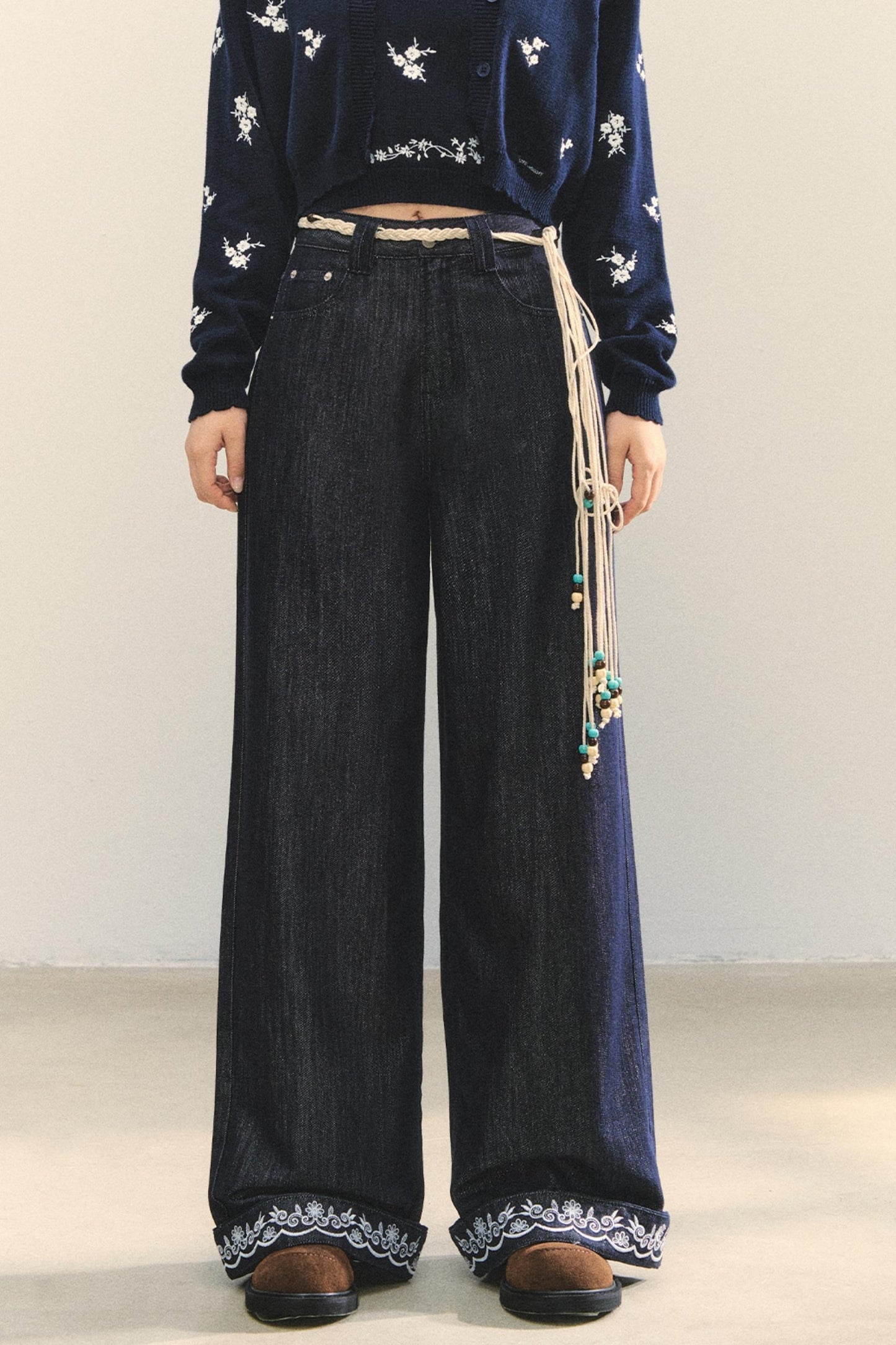 Embroidered Straight-Leg Pants