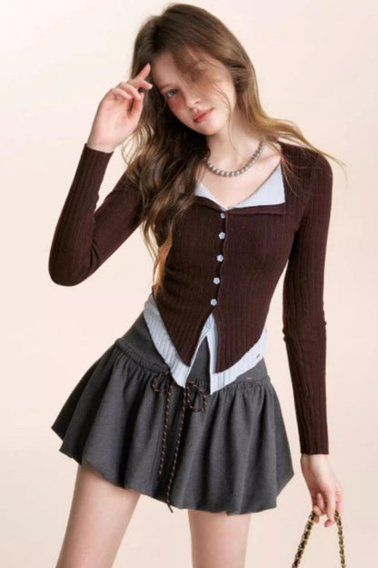 Color-Blocked Woolen Puff Skirt