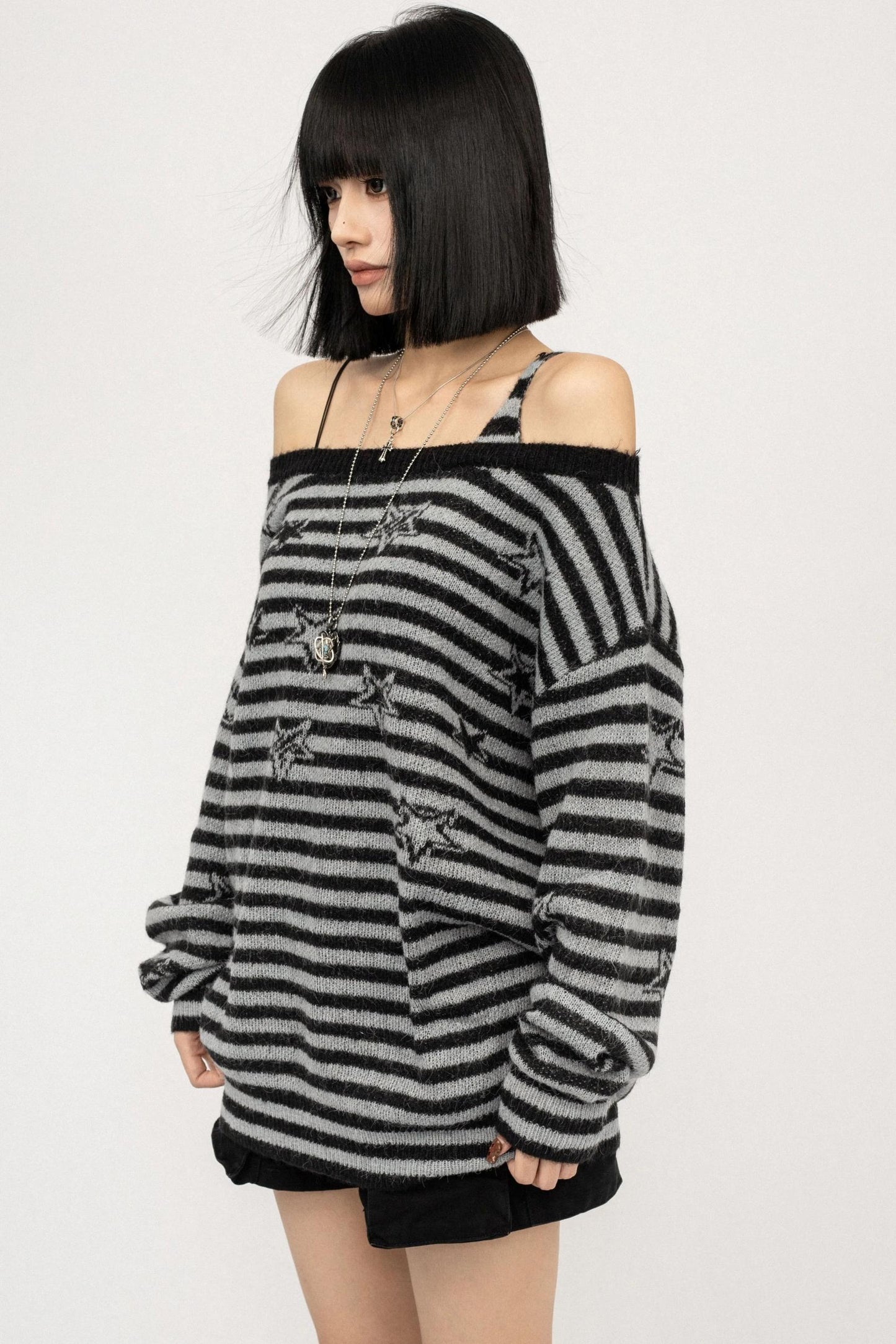 Striped One-Shoulder Knitted Sweater