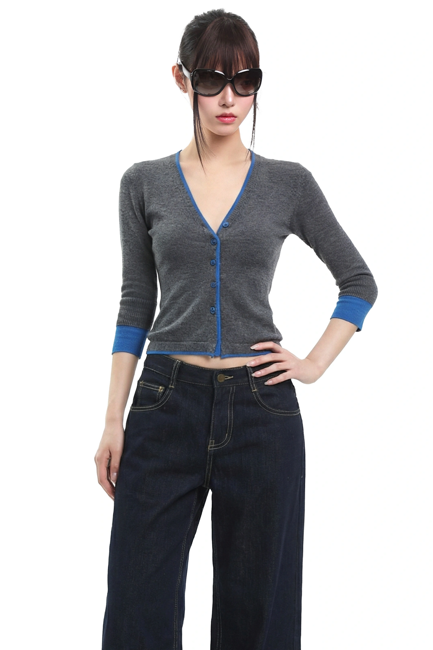 Contrast Knit V-Neck Cardigan