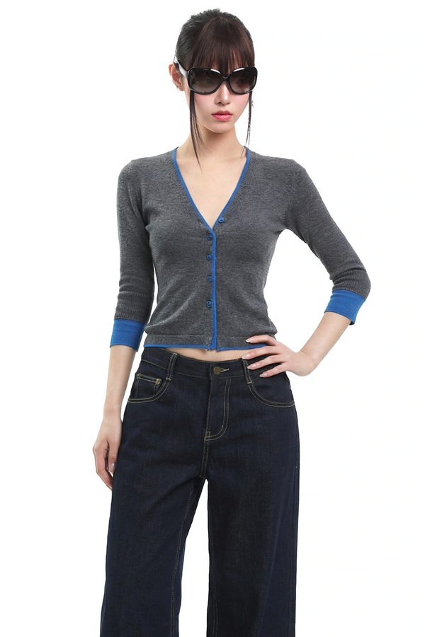 Contrast Knit V-Neck Cardigan