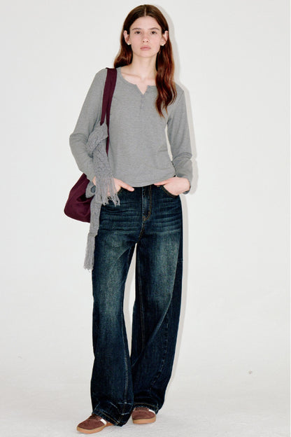 Button-Embellished Crew Neck Top