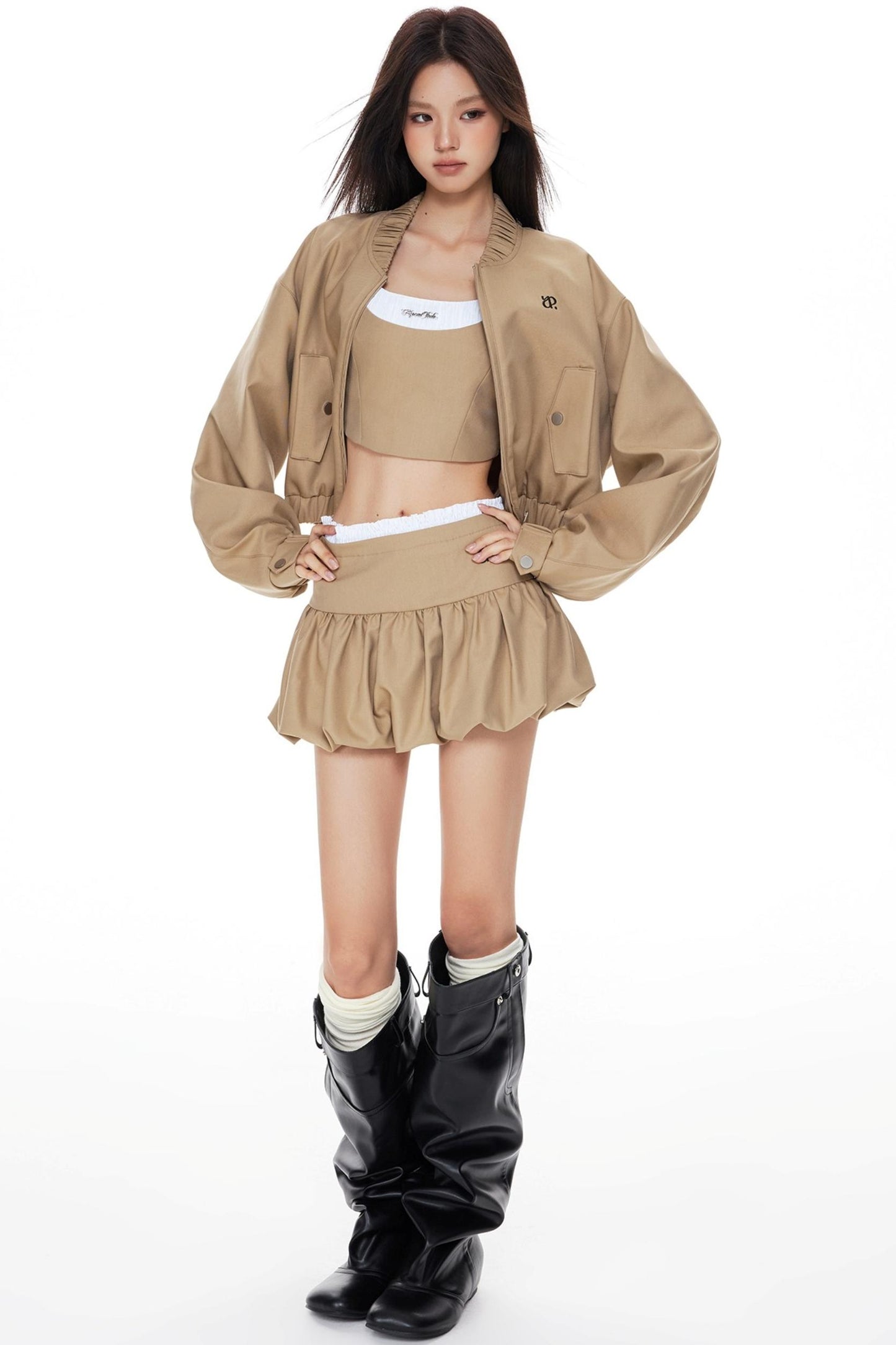 Khaki Cropped Jacket Skirt Set-Up
