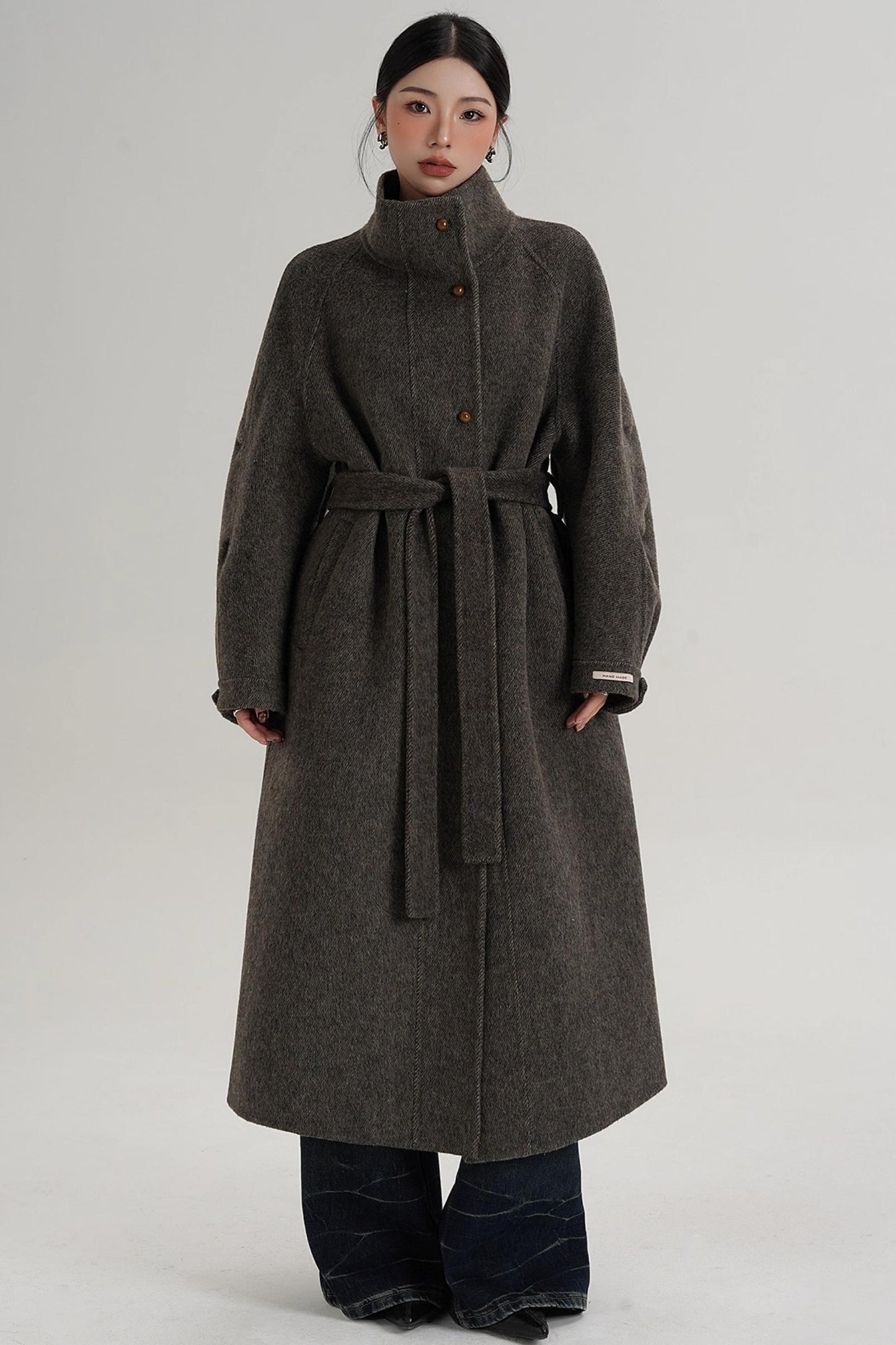 Elegant High-Neck Long Wool Coat