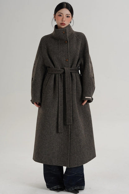 Elegant High-Neck Long Wool Coat