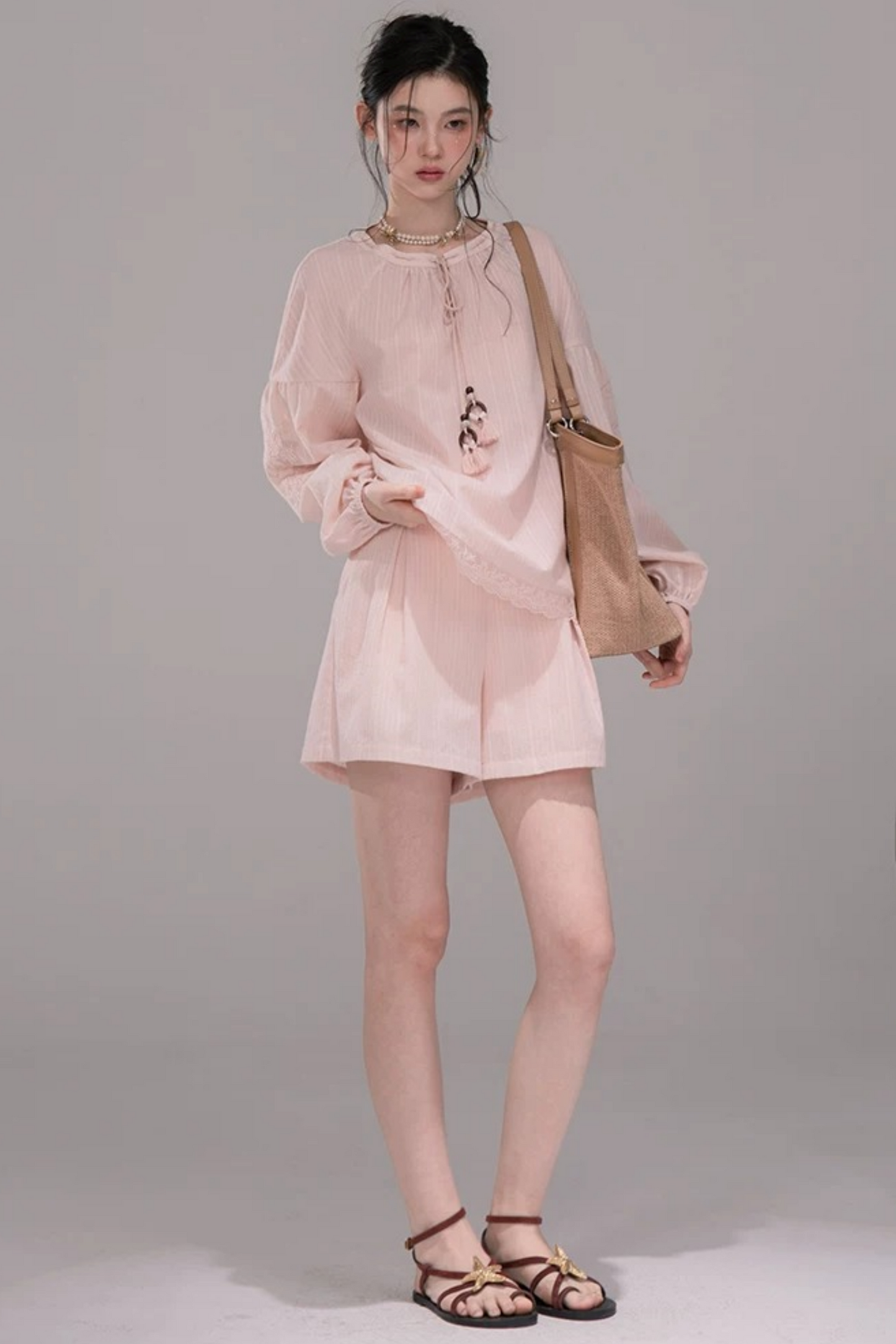 Completo Camicia a Righe Rosa Pesca
