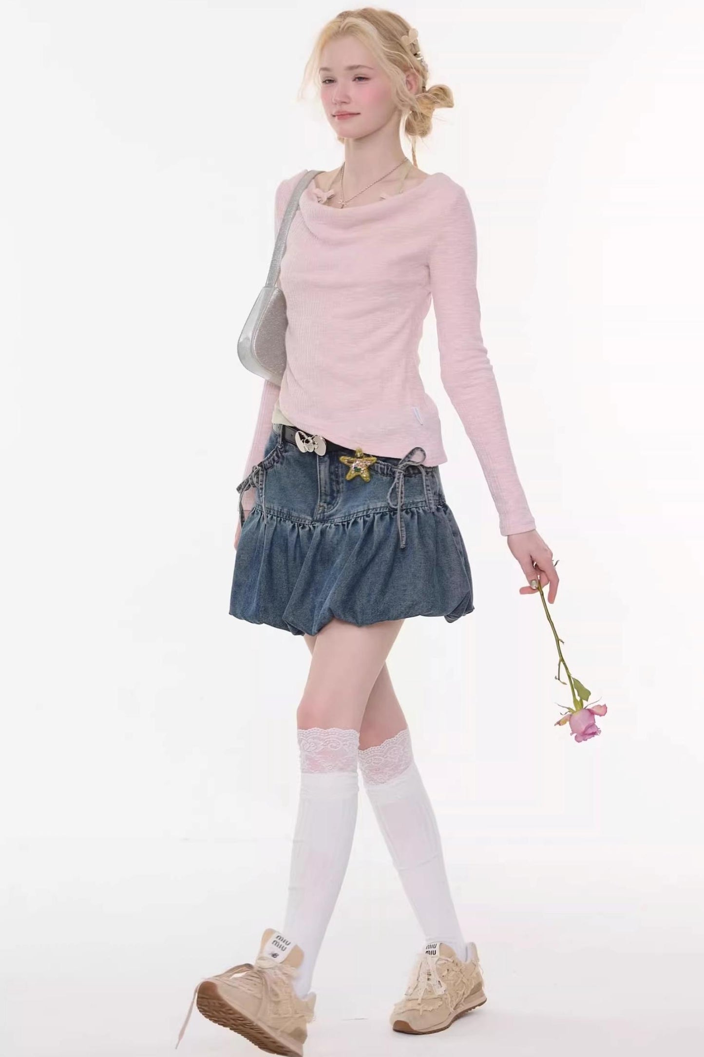 Sweet Bubble Bowknot Denim Skirt