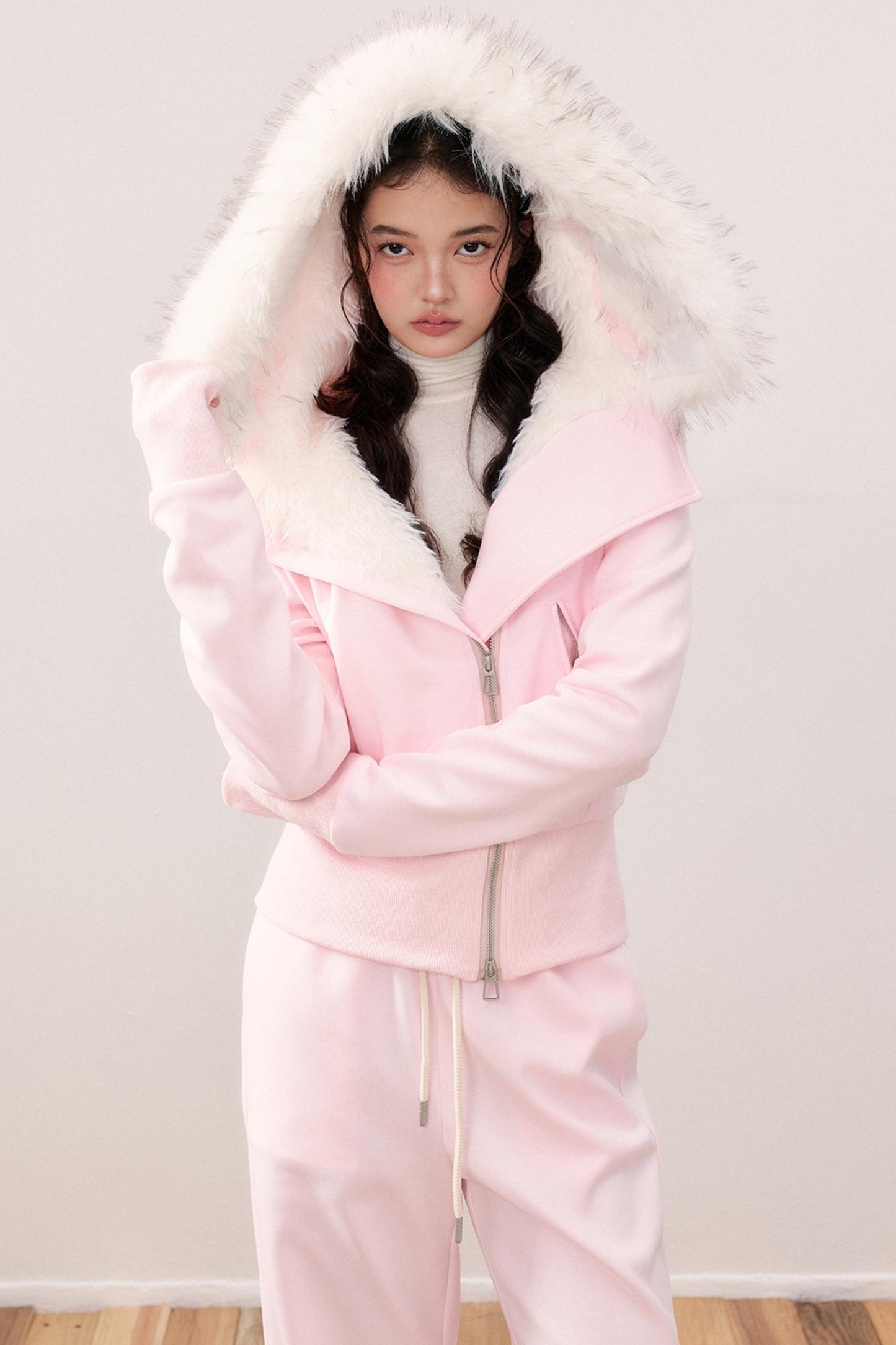 Lapel Fur Collar Fleece Jacket & Pants Set-Up
