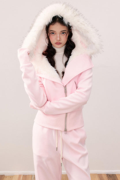 Lapel Fur Collar Fleece Jacket & Pants Set-Up