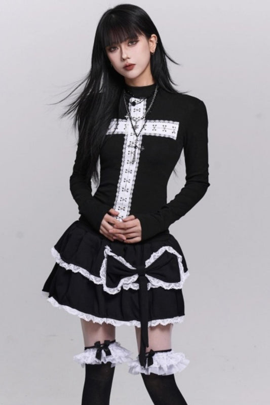 Gothic Cross Design Collar Top
