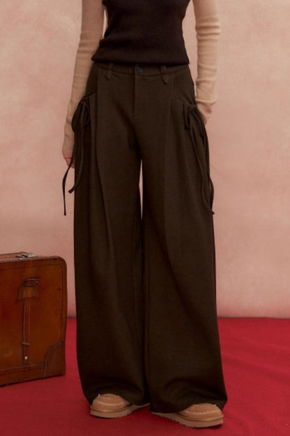 Pleated Bow Woolen Pants