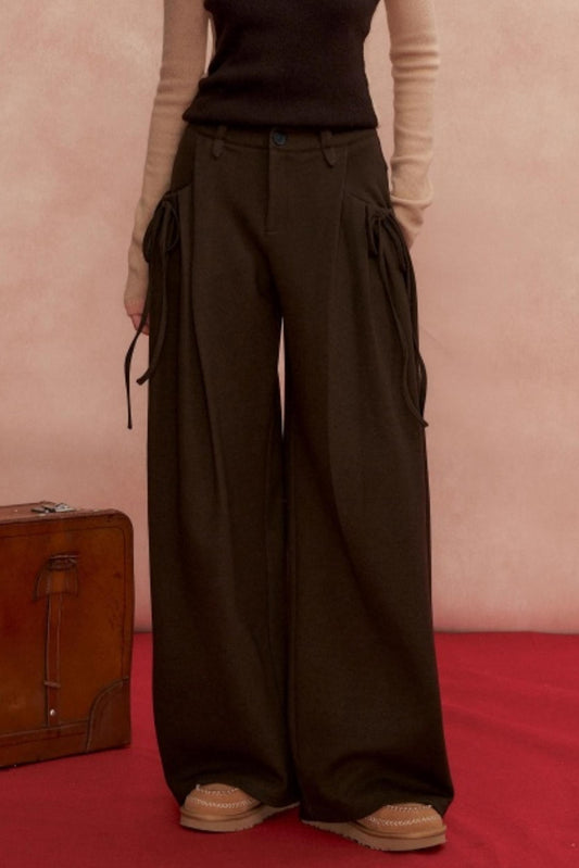 Pleated Bow Woolen Pants