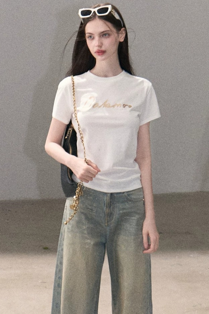 Gold Foil Print Knit T-Shirt