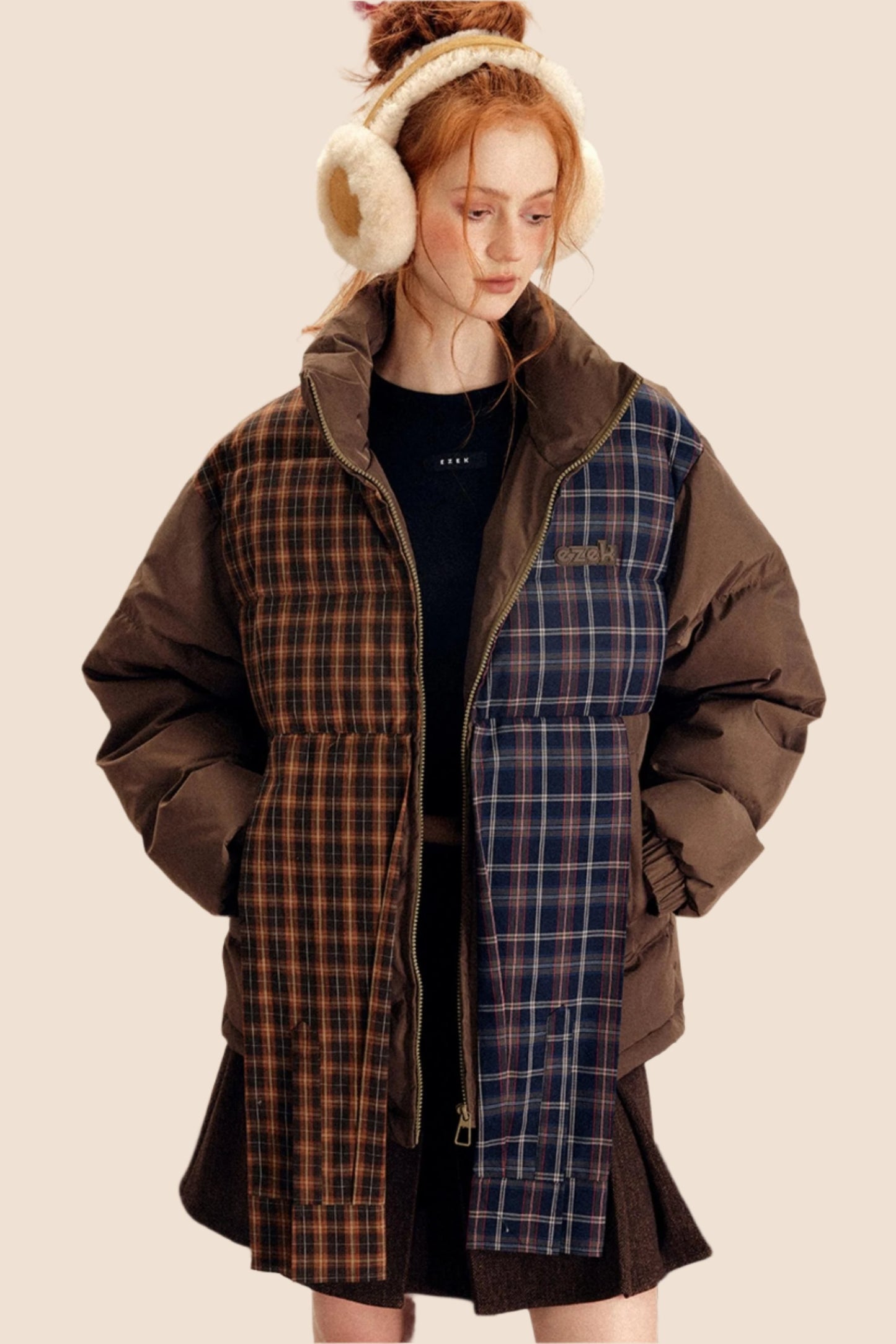 EZEK American retro irregular plaid stitching contrast cotton clothes cotton clothes women's thickened bread clothes cotton jacket jacket