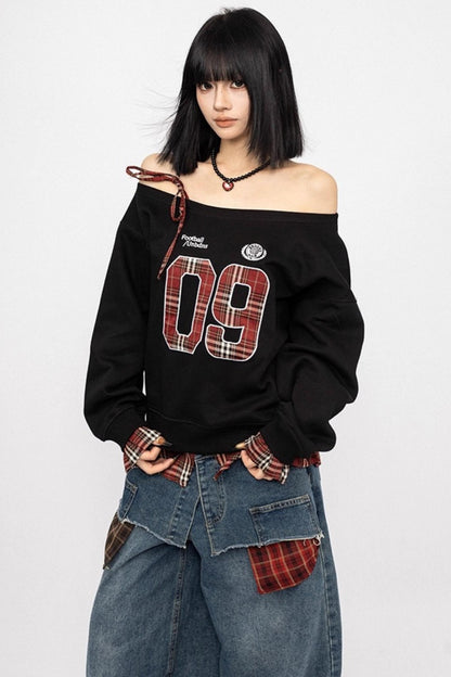 Vintage Plaid One-Shoulder Sweatshirt