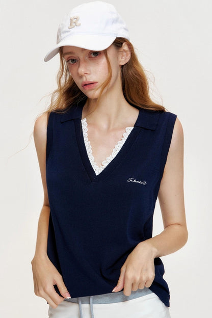 Beige Grain Embroidered Lace Knit Vest