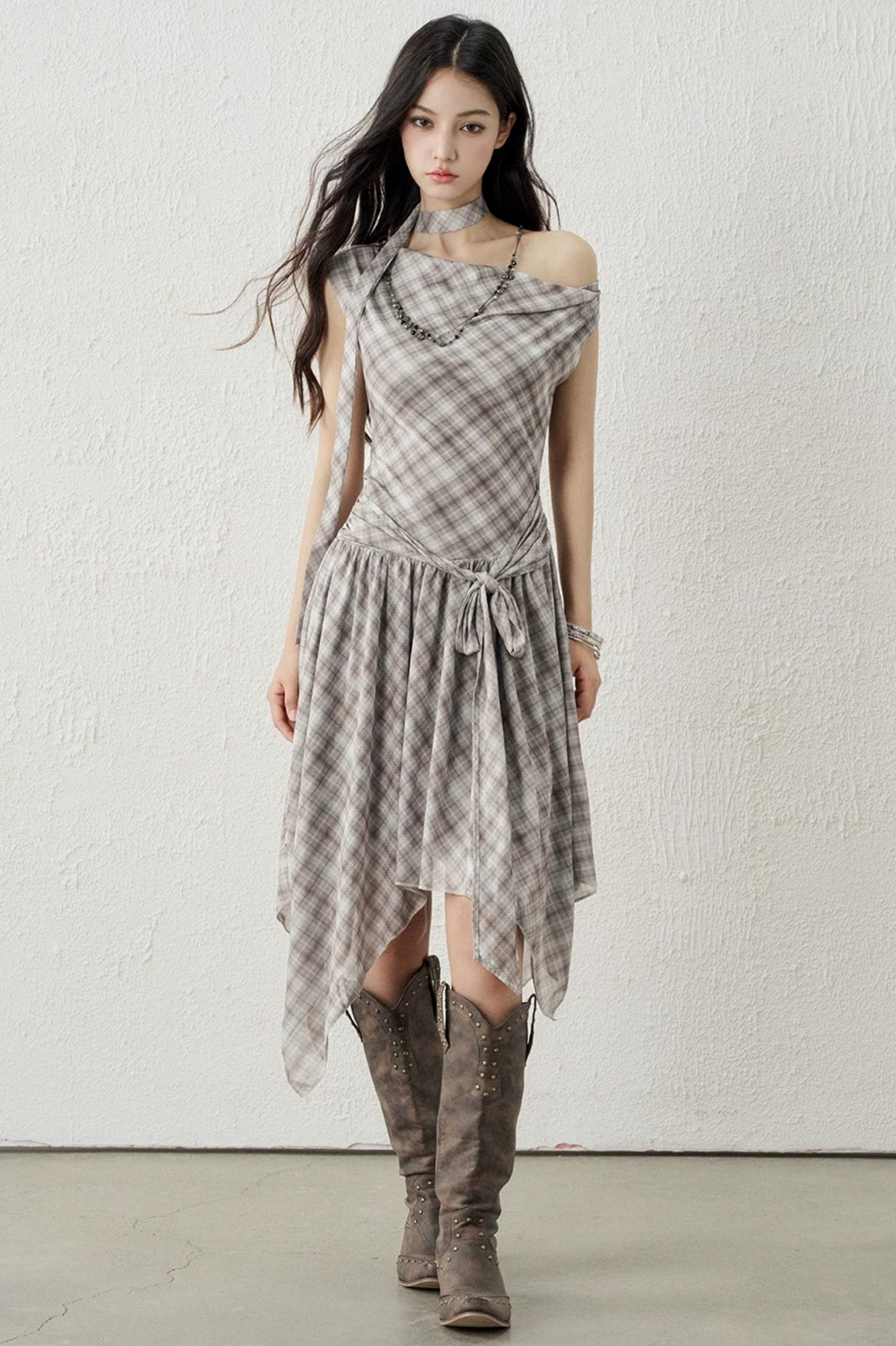 Plaid Irregular-Hem Dress
