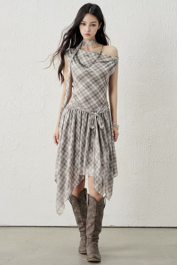 Plaid Irregular-Hem Dress