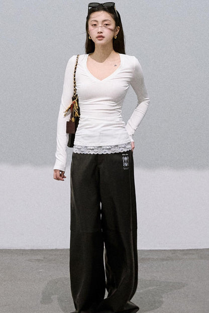 Retro Print Wide-leg Leather Pants