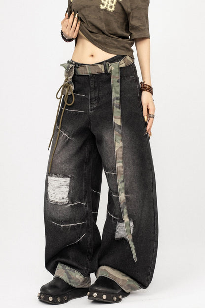 American Vintage Camouflage Ripped Loose Floor-Length Pants