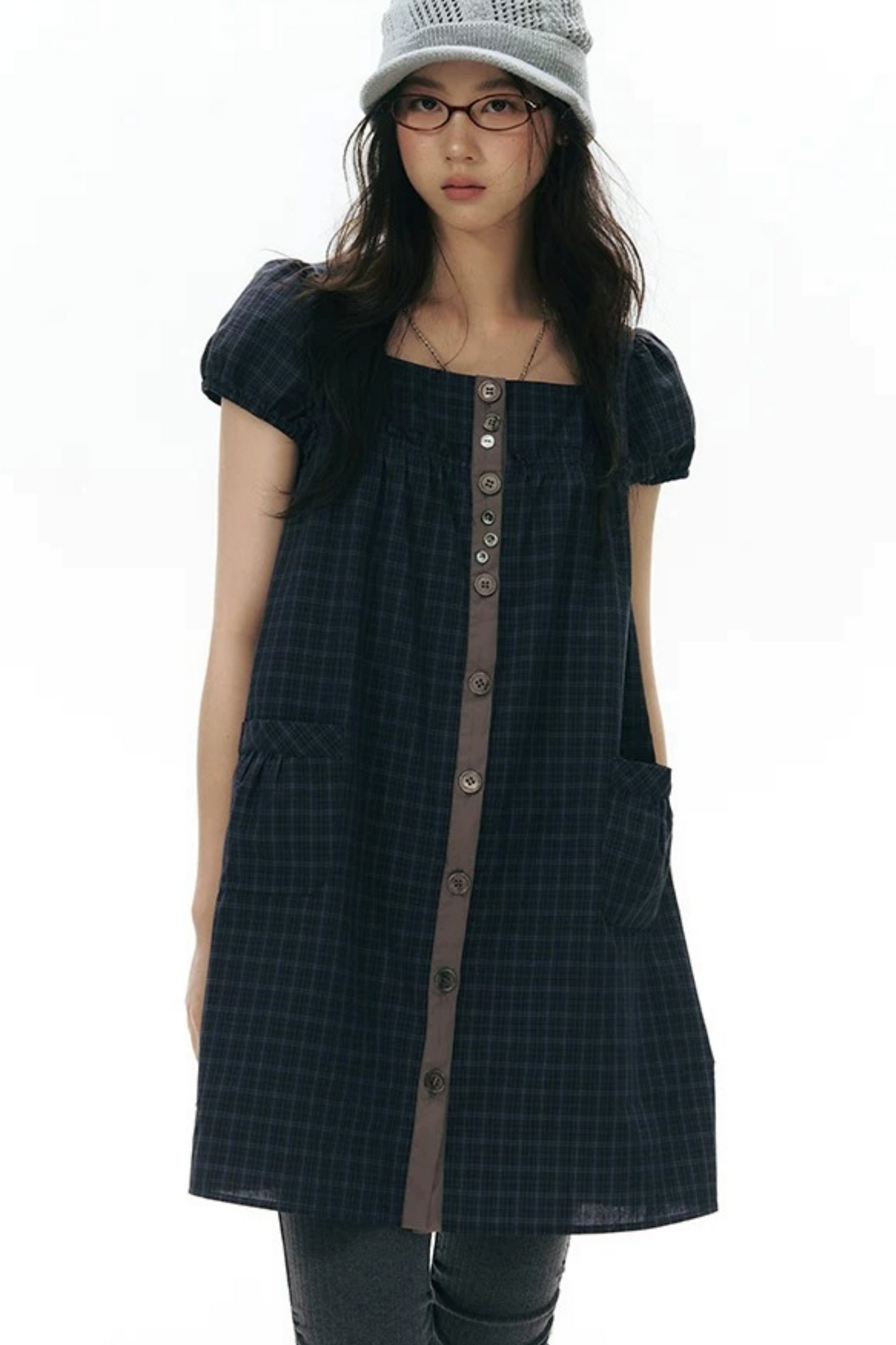 Plaid Puff Sleeve Babydoll Dress