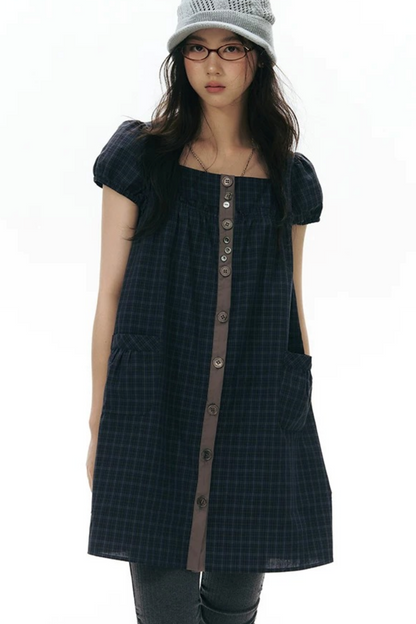 Plaid Puff Sleeve Babydoll Dress