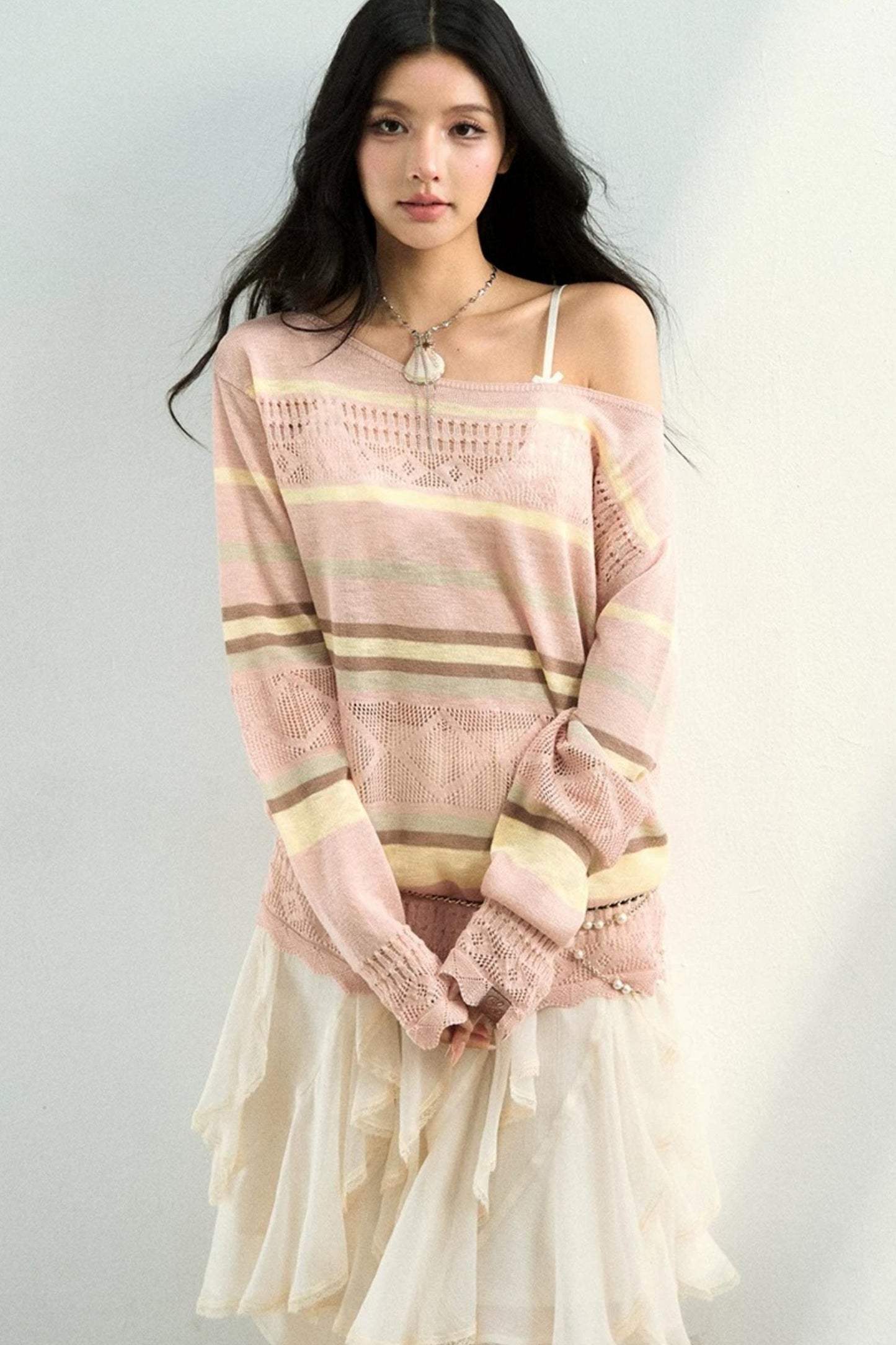 Color-Blocked Striped Knit Blouse