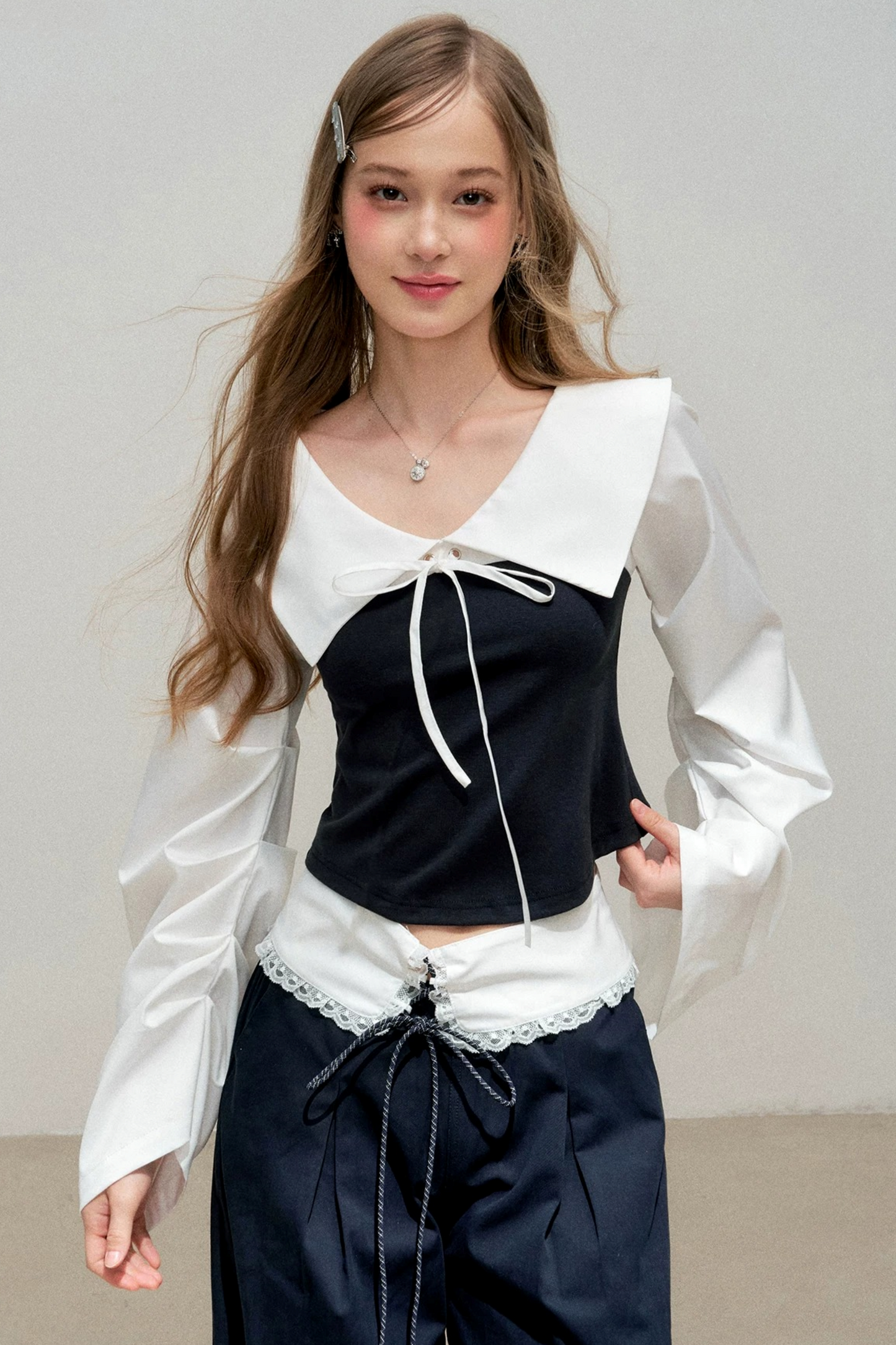 Navy Bow Patchwork Blouse