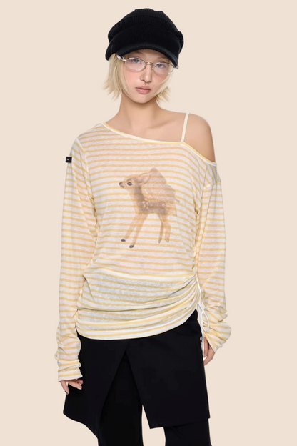 Off-Shoulder Deer Print Blouse