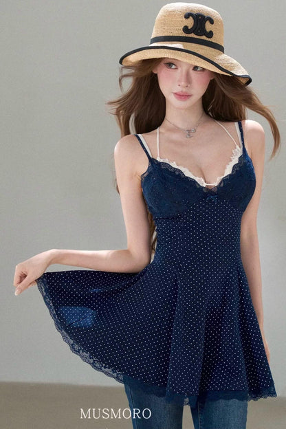 Lace Patchwork Polka Dot Print Dress