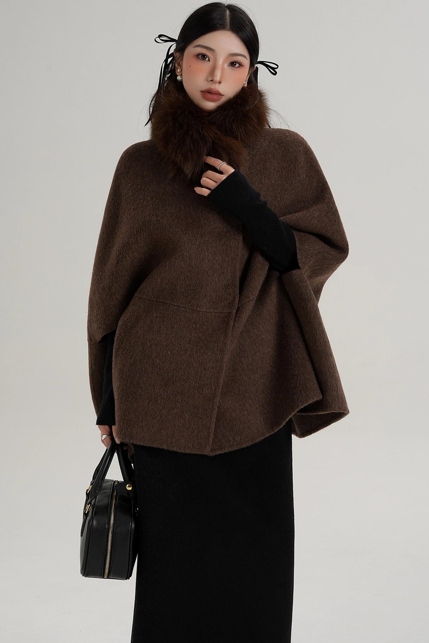 Elegant Fox Fur Wool Cape Coat