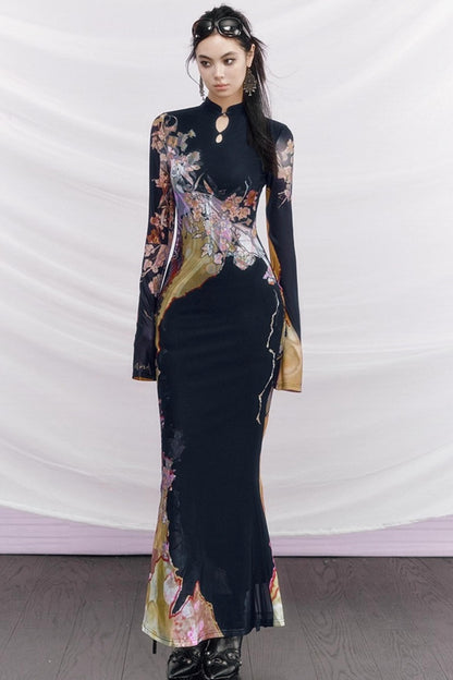 Contrast Color Cheongsam Dress