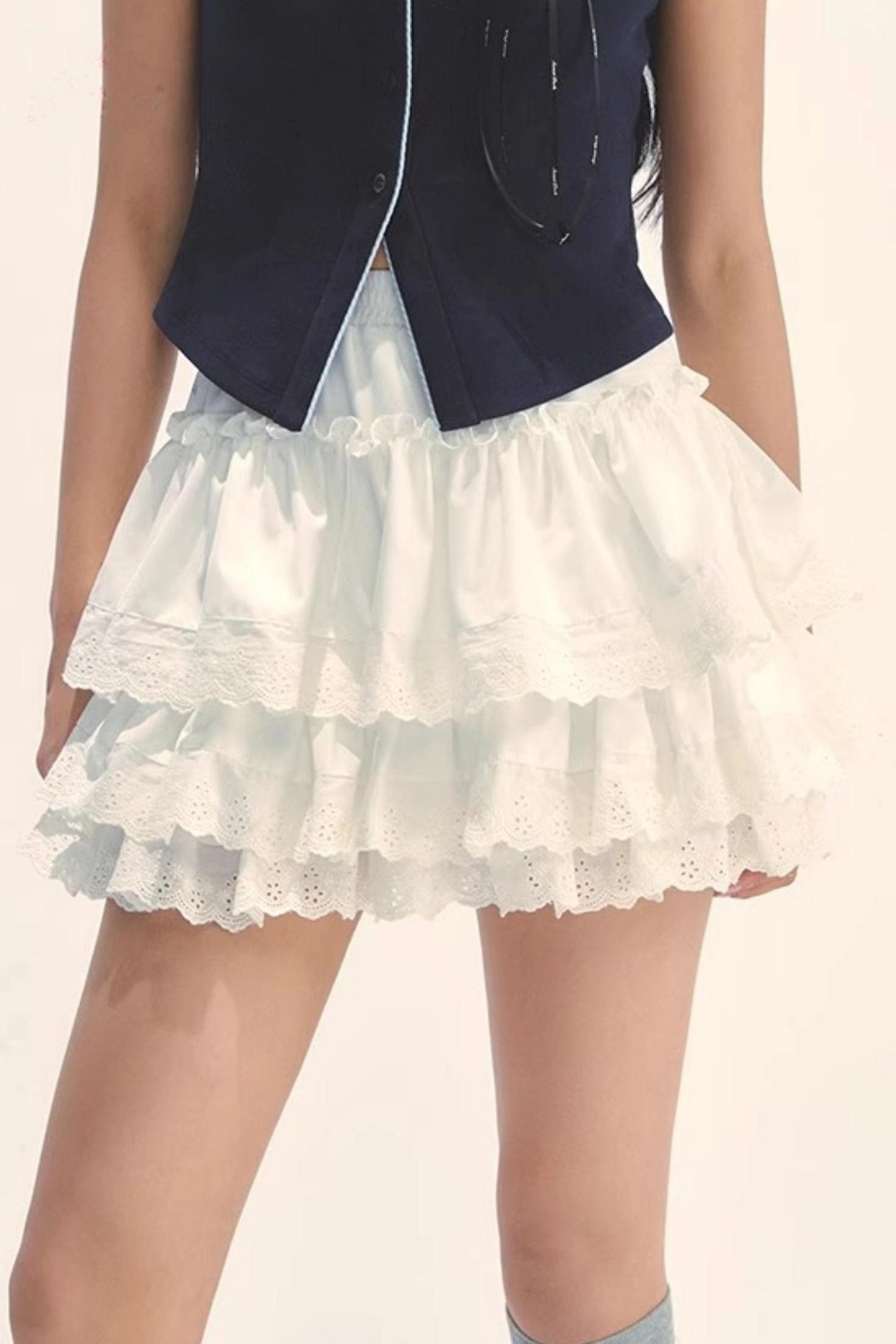 White Lace Tiered Midi Skirt