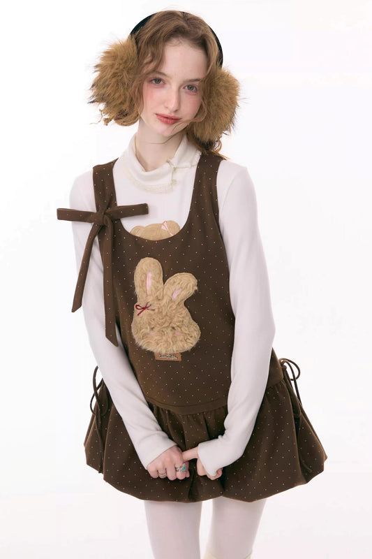 카라멜 폴카 도트 조끼 원피스