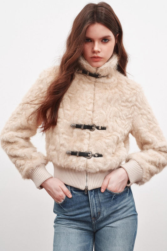 Leather Stand-Up Collar Woolen Short Jacket