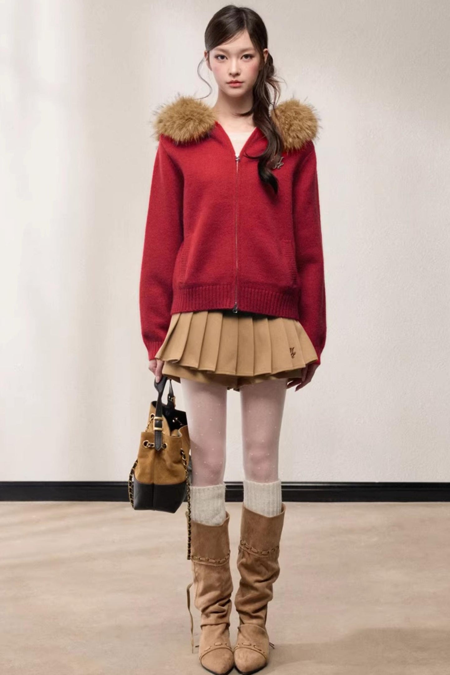 Fur Collar Hooded Knit Cardigan