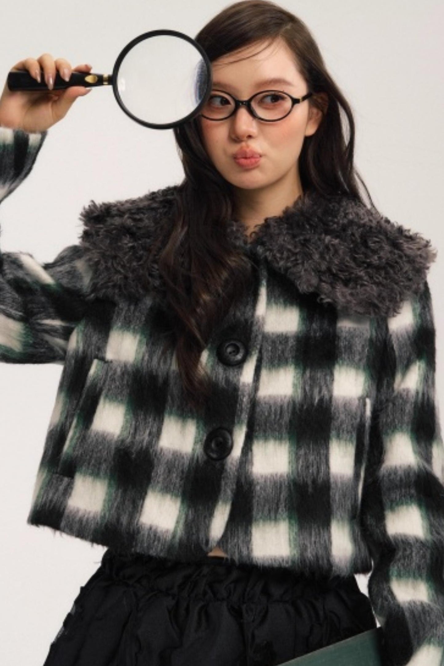 Plaid Wool Fur Collar Jacket